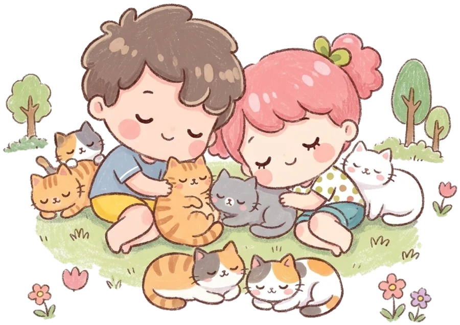 Kawaii illustration of a boy and girl cuddling cats in a garden