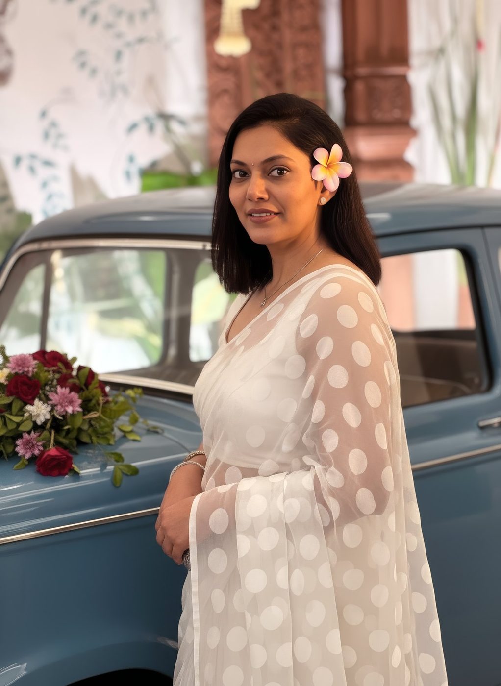 Mukta Balaji in a white saree