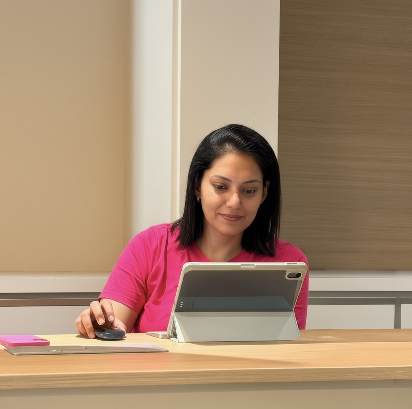 Mukta Balaji working on an iPad at her desk